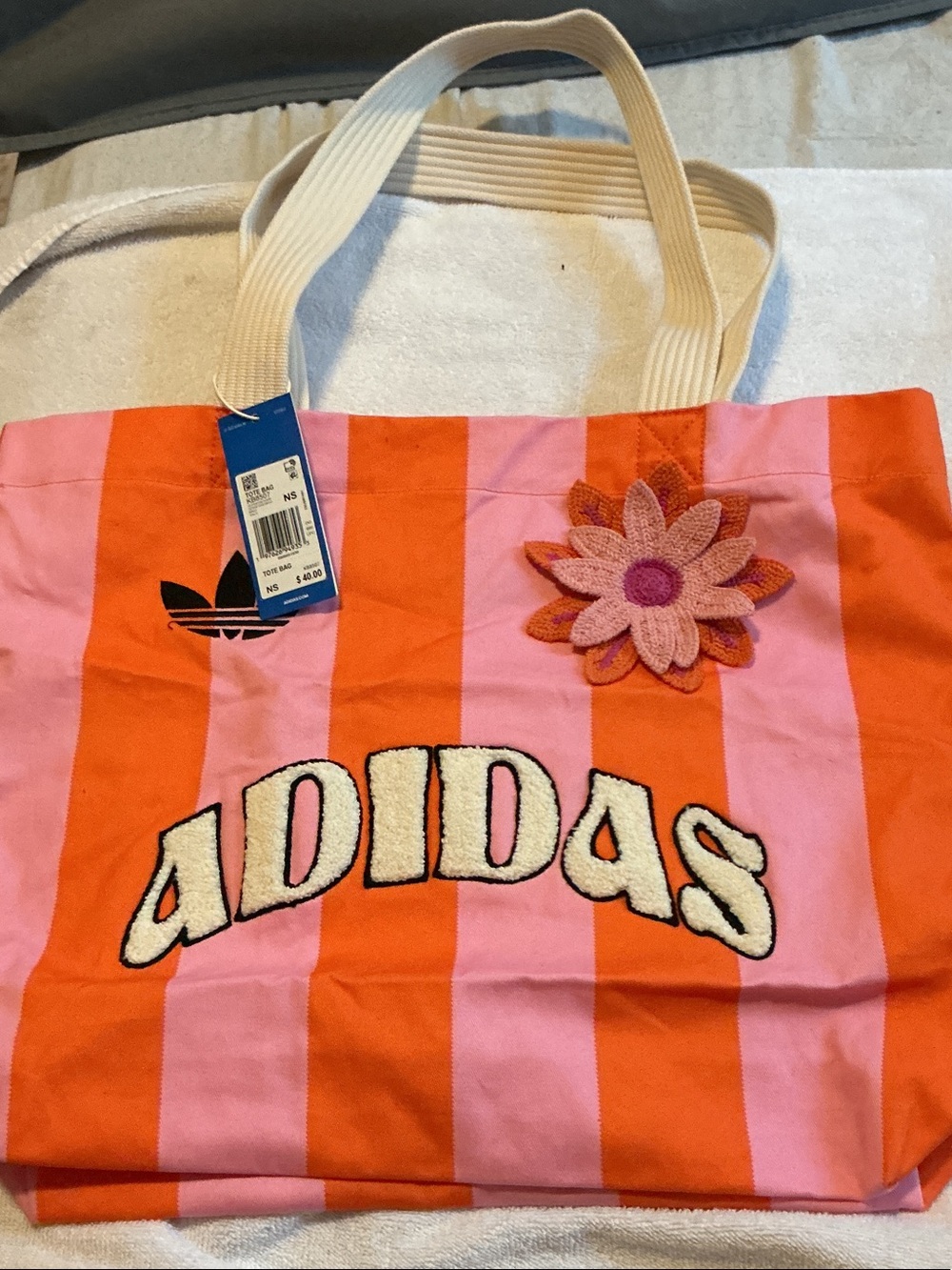adidas Pink and Orange Striped Canvas Tote with Flower Patch